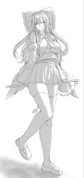  1girl 7saki :d adapted_costume alternate_breast_size_(larger) ascot bare_shoulders bow breasts commentary_request detached_sleeves frilled_bow frills full_body gohei greyscale hair_between_eyes hair_bow hakurei_reimu highres holding holding_behind_back holding_gohei huge_bow huge_breasts impossible_clothes impossible_vest leg_up long_sleeves looking_at_viewer mary_janes midriff_peek miniskirt monochrome navel parted_bangs shadow shoes sidelocks simple_background skindentation skirt smile solo standing standing_on_one_leg thigh-highs touhou unfinished vest zettai_ryouiki 