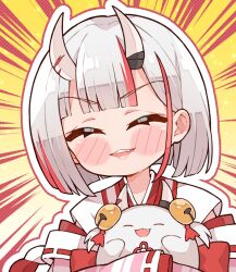  1girl chibi frilled_kimono frills hair_between_horns highres hololive horns japanese_clothes kimono kukie-nyan looking_at_viewer multicolored_hair nakiri_ayame nakiri_ayame_(10th_costume) oni poyoyo_(nakiri_ayame) red_eyes red_hair short_hair skin-covered_horns streaked_hair two-tone_kimono virtual_youtuber 