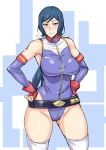  1girl bare_shoulders beltskirt black_beat blue_eyes blue_hair blush breasts cosplay fingerless_gloves gloves gundam gundam_build_fighters gundam_card_builder hands_on_hips iori_rinko large_breasts leotard long_hair looking_at_viewer ponytail red_gloves reiko_holinger reiko_holinger_(cosplay) rough smile solo thighhighs thighs very_long_hair white_legwear wide_hips 