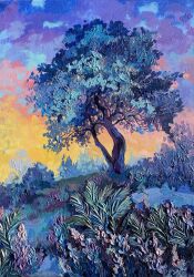  acrylic_paint_(medium) anastasia_trusova colorful highres impasto no_humans original outdoors painting_(medium) plant plant_focus scenery sunset traditional_media tree 