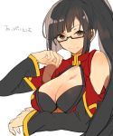  1girl bare_shoulders black_eyes black_hair blazblue breasts cleavage cleavage_cutout glasses hitapita large_breasts litchi_faye_ling open_clothes ponytail solo white_background 