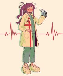  1girl alternate_costume alternate_hairstyle aqua_pants aqua_shirt asymmetrical_sidelocks bandage_on_cheek blue_gloves blush breast_pocket cardiogram commentary cross danganronpa_(series) danganronpa_2:_goodbye_despair drop_shadow english_commentary eyelashes fingernails flying_sweatdrops full_body gloves highres holding holding_stethoscope jacket lab_coat long_sleeves medical_gloves medical_scrubs messy_hair nervous_smile nervous_sweating object_in_pocket open_clothes open_jacket pants pen_in_pocket pocket ponytail red_cross senjuswag shirt shoes sidelocks single_glove smile solo standing stethoscope sweat teeth tsumiki_mikan violet_eyes white_jacket white_shoes 