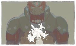  26_zzzzzz 2boys armor colored_skin dark-skinned_male dark_skin flower forehead_jewel ganondorf giving giving_flower green_skin grey_background leather_armor lily_(flower) limited_palette male_focus multiple_boys orange_eyes pale_color pov pov_hands red_hair short_hair shoulder_armor sideburns solo_focus the_legend_of_zelda the_legend_of_zelda:_ocarina_of_time thick_eyebrows very_short_hair white_flower 