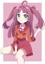  1girl absurdres ahoge beckoning between_legs blunt_ends blush border breasts buttons clenched_hand closed_mouth cowboy_shot curtained_hair double-breasted green_eyes hair_intakes hair_ribbon hand_between_legs high-waist_skirt highres hime_cut invisible_chair jacket kobayashi_mikuru looking_at_viewer meitantei_precure! middle_part miniskirt neck_ribbon orange_jacket panatisia pink_background pink_ribbon precure purple_hair red_ribbon red_skirt ribbon simple_background sitting skirt small_breasts smile solo split_mouth three-quarter_sleeves two_side_up 