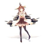  1girl ahoge bare_shoulders black_legwear blush boots brown_eyes brown_hair cannon detached_sleeves double_bun hair_ornament hairband headgear japanese_clothes kantai_collection kongou_(kantai_collection) long_hair miko personification ryousui_nao skirt smile solo thigh_boots thighhighs turret 