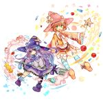 2girls apple brown_hair candy chocolate dress dumpty_alma emil_chronicle_online food fork fruit green_eyes hat highres long_hair multiple_girls open_mouth pie purple_hair puzzle_&amp;_dragons sleeves_past_wrists smile star tiny_alma usako_clily violet_eyes wand witch 