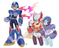  2boys android armor blonde_hair blue_armor blue_helmet chest_jewel cowboy_shot forehead_jewel full_body helmet highres long_hair male_focus mega_man_(series) mega_man_x:_command_mission mega_man_x_(series) multiple_boys new_armor_x_(mega_man) olf_megaman red_armor red_helmet simple_background white_background x_(mega_man) 