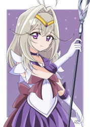  1girl absurdres antenna_hair bishoujo_senshi_sailor_moon blush bow brooch choker commentary_request cosplay elbow_gloves gloves grey_hair hair_intakes highres holding holding_weapon jewelry magical_girl meitantei_precure! moria_luluka morishita_(moricuremori) precure purple_choker purple_sailor_collar purple_skirt red_bow sailor_collar sailor_saturn sailor_saturn_(cosplay) sailor_senshi_uniform silence_glaive skirt smile solo star_(symbol) star_choker tiara violet_eyes weapon white_gloves 