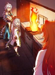  1boy 2girls :d animal_ears ankle_boots atla_fayon bare_shoulders black_boots black_dress black_hair black_pants black_shirt blue_eyes blunt_bangs blunt_ends boots braid braided_sidelocks brother_and_sister child cleavage_cutout clothing_cutout commentary_request dress facing_another fire fohl_fayon_(tate_no_yuusha_no_nariagari) green_dress high_collar indoors karashi_minamin kitchen ladle long_hair long_sidelocks long_sleeves looking_at_another messy_hair multicolored_hair multiple_girls official_alternate_costume open_mouth orange_hair oven pants raccoon_ears raccoon_girl raphtalia scared shirt short_sleeves siblings sidelocks smile spatula tail tate_no_yuusha_no_nariagari teeth tiger tiger_boy tiger_ears tiger_girl tiger_tail two-tone_hair upper_teeth_only v-shaped_eyebrows vambraces white_dress white_hair white_kosode white_tiger 