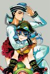  1boy 1girl artist_name black_hair blue_eyes blue_hair byam dixie_cup_hat gloves goggles goggles_on_head hat higashikata_jousuke_(jojolion) hirose_yasuho jojo_no_kimyou_na_bouken jojolion motor_vehicle motorcycle sailor vehicle watermark 