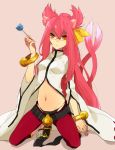  1girl animal_ears belt blazblue bracelet candy capri_pants cat_ears cat_tail glasses hitapita jewelry kneeling kokonoe labcoat lollipop midriff multiple_tails navel pants pink_hair solo tail underwear yellow_eyes 