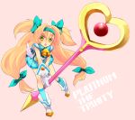  1girl bell blazblue blonde_hair character_name gloves hair_ribbon hairband heart heart-shaped_pupils hitapita long_hair platinum_the_trinity ribbon simple_background solo staff symbol-shaped_pupils twintails very_long_hair 