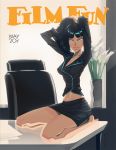  1girl adjusting_hair bare_legs barefoot black_hair breasts chair cleavage cover flower green_eyes kyu-bum_lee lips lipstick long_hair magazine_cover makeup making_of midriff navel office_chair on_table orchid original sitting skirt slender_waist solo toes vase wariza 