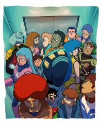  6+boys amuro_ray blonde_hair blue_hair brain_powered brown_hair burn_burnings char_aznable character_request closed_mouth commentary company_connection cosmo_yuki crossed_arms crossover densetsu_kyojin_ideon dirty_pair elevator epaulettes five_star_stories frown gotou_kiichi gundam haro helmet highres jiron_amos kidou_keisatsu_patlabor long_hair mobile_suit_gundam multiple_boys muteki_choujin_zambot_3 newtype_flash orange_hair seisenshi_dunbine sentou_mecha_xabungle shinpostboy short_hair smile sunglasses sunrise_(company) uso_ewin utsumiya_hime victory_gundam 