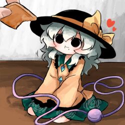  1girl 1other black_eyes black_hat bow buttons commentary_request cookie crumbs diamond_button eating eyeball feeding floral_print food frilled_shirt_collar frilled_sleeves frills green_hair green_skirt hat hat_bow hat_ribbon heart heripantomorrow kneeling komeiji_koishi mini_person minigirl ribbon rose_print shirt skirt sleeves_past_wrists third_eye touhou wide_sleeves yellow_bow yellow_ribbon yellow_shirt 