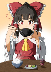  2girls ascot barefoot black_sash bow bowl brown_hair chabudai chopsticks commentary_request detached_sleeves eating food food_request frilled_bow frilled_hair_tubes frills gradient_background hair_bow hair_tubes hakurei_reimu highres holding holding_bowl holding_chopsticks inuno_rakugaki japanese_clothes kimono long_hair mini_person minigirl multiple_girls obi orange_background puff_of_air purple_hair red_bow red_eyes red_kimono red_skirt ribbon-trimmed_sleeves ribbon_trim rice_bowl sash skirt skirt_set steam sukuna_shinmyoumaru table touhou yellow_ascot 
