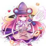  1girl blue_eyes bow candy coco3186 doughnut dumpty_alma emil_chronicle_online fork hat long_hair purple_hair puzzle_&amp;_dragons skirt solo wavy_mouth witch_hat 