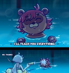  2girls chainsaw_man dha315 grey_hair gundam gundam_suisei_no_majo i'll_teach_you_everything_(chainsaw_man) innertube miorine_rembran multiple_girls partially_submerged pool red_hair spraying suletta_mercury swim_ring swimsuit tanuki water_gun 