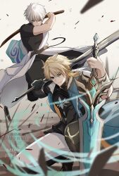  2boys aqua_coat artist_name black_gloves black_pants black_shirt blonde_hair blue_eyes bokken coat collared_coat commentary_request crossover genshin_impact gintama gloves hadanugi_dousa highres holding holding_sword holding_weapon japanese_clothes kimono looking_at_viewer male_focus multiple_boys necoco112061 pants red_eyes sakata_gintoki scar scar_on_cheek scar_on_face shirt single_glove sugita_tomokazu sword varka_(genshin_impact) voice_actor_connection weapon white_hair white_kimono wooden_sword 