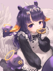  1girl absurdres bow commentary_request cookie dress food food_in_mouth halo highres hoishere7 hololive hololive_english long_hair long_sleeves looking_at_viewer ninomae_ina'nis purple_hair solo striped_bow takodachi_(ninomae_ina'nis) tentacle_hair traditional_halo violet_eyes virtual_youtuber white_dress white_wings wings 