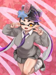 1girl black_shoes blush breasts callie_(splatoon) cardigan commentary_request double_v grey_cardigan hair_ornament highres inkling large_breasts long_hair long_sleeves looking_at_viewer loose_socks multicolored_hair necktie one_eye_closed open_mouth pointy_ears school_uniform shiny_skin shoes skirt socks solo splatoon_(series) t2ukmyjm tentacle_hair thighs v white_socks yellow_eyes 