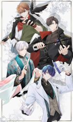  4boys animal artem_wing_(tears_of_themis) bird black_hair black_jacket black_shirt blue_eyes blue_pants brown_hair commentary_request folded_fan folding_fan gloves goggles goggles_around_neck green_jacket grey_background grey_hair grey_jacket grey_vest hair_between_eyes half_gloves hand_fan hat highres holding holding_fan holding_unworn_clothes holding_unworn_hat jacket jacket_on_shoulders kikizhouu long_sleeves luke_pearce_(tears_of_themis) male_focus marius_von_hagen_(tears_of_themis) medal multiple_boys pants purple_hair red_eyes shirt tears_of_themis unworn_hat unworn_headwear vest violet_eyes vyn_richter_(tears_of_themis) white_gloves white_hat white_jacket white_shirt yellow_eyes 