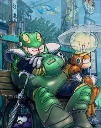  2boys armor artist_name bench bright_man chain-link_fence closed_eyes crossed_arms dated fence full_body green_armor green_eyes highres holding holding_umbrella humanoid_robot kazafuki light_bulb male_focus mega_man_(classic) mega_man_(series) mega_man_4 multiple_boys non-humanoid_robot on_bench orange_armor outdoors rain red_eyes robot robot_animal sitting toad_man transparent transparent_umbrella umbrella wooden_bench 