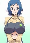  1boy 1girl apron blue_eyes blue_hair breast_rest breasts breasts_on_head date_naoto gundam gundam_build_fighters haro iori_rinko iori_sei large_breasts mother_and_son sweater 