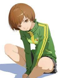  1girl bare_legs between_legs bob_cut brown_eyes brown_hair closed_mouth commentary_request green_jacket grey_skirt grey_socks hand_between_legs highres jacket leaning_forward long_sleeves looking_at_viewer miniskirt persona persona_4 persona_4_the_golden pleated_skirt remo_reko23 satonaka_chie short_hair sitting skirt smile socks solo white_background 