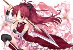  1girl black_legwear blush bow hair_bow kapuchii long_hair looking_at_viewer magical_girl mahou_shoujo_madoka_magica mouth_hold pocky polearm ponytail red_eyes redhead sakura_kyouko skirt solo spear thighhighs weapon 