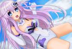  1girl blue_eyes breasts choujigen_game_neptune elbow_gloves gloves hair_ornament highres long_hair mahalaido open_mouth purple_hair purple_sister smile solo symbol-shaped_pupils thighhighs 