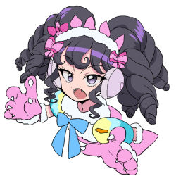  1girl animal_hands black_hair blue_ribbon botsuo_ingen bow claws drill_hair elbow_gloves fangs fur-trimmed_gloves fur_trim gaaruru_(pripara) gloves hair_bow headphones long_hair looking_at_viewer neck_ribbon open_mouth paw_gloves pink_bow pink_gloves pretty_series pripara ribbon simple_background solo twintails upper_body white_background 