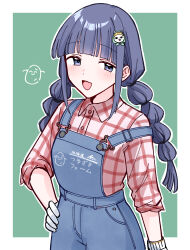  1girl :d arm_at_side black_hair blue_eyes blue_overalls blunt_bangs blush border braid buttons cat_hair_ornament clothes_writing collared_shirt commentary cowboy_shot gloves green_background hair_ornament hairclip hand_on_own_hip highres long_hair looking_at_viewer low_twin_braids low_twintails official_alternate_costume official_alternate_hairstyle open_mouth outline outside_border overalls plaid_clothes plaid_shirt red_shirt shirt shoujo_kageki_revue_starlight sidelocks simple_background sleeves_pushed_up smile solo standing suspenders suspenders_slip suzudaru_cat three-quarter_sleeves translated tsuyuzaki_mahiru twin_braids twintails white_border white_gloves white_outline zangemiya 