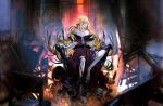  1girl blonde_hair breasts chair cleavage dress elbow_gloves fire fur_trim gloves goggles gorilla_(mushimushiland) helmet high_heels kissshot_acerolaorion_heartunderblade long_hair monogatari_(series) pointy_ears skull sleeveless solo strapless_dress table torn_clothes yellow_eyes 
