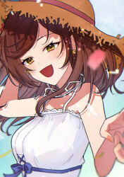  1girl :d absurdres blue_sky breasts brown_hair commentary_request dress earrings green_eyes hat highres jewelry long_hair looking_at_viewer medium_breasts mtkignsn nail_polish open_mouth orange_nails outdoors rosa_(tears_of_themis) sky smile solo sun_hat sundress tears_of_themis teeth upper_body upper_teeth_only white_dress 