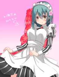  1girl 2019 apron black_dress blush breasts closed_mouth commentary_request cowboy_shot dated dress drop_shadow dutch_angle eyes_visible_through_hair flower frilled_apron frills gradient_background green_hair hair_between_eyes hair_flower hair_ornament highres juliet_sleeves large_breasts long_sleeves looking_at_viewer maid maid_apron maid_headdress medium_hair noble_works pink_background pink_flower puffy_sleeves servamp_kuro signature simple_background skirt_hold smile solo split_mouth striped_clothes striped_dress tsukiyama_sena vertical-striped_clothes vertical-striped_dress white_apron yellow_eyes 