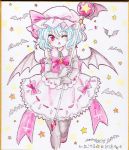  1girl adapted_costume alternate_costume bat bat_wings black_legwear blue_hair bow brooch chestnut_mouth elbow_gloves gloves heart jewelry magical_girl maru_usagi open_mouth pantyhose pink_eyes remilia_scarlet shirt skirt skirt_set solo staff star touhou traditional_media white_gloves wings wink 
