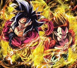  aura black_hair blue_sash body_fur boots commentary_request denim dougi dragon_ball dragon_ball_gt full_body gloves hashtag-only_commentary highres jeans long_hair male_focus monkey_boy monkey_tail muscular muscular_male no_nipples noir_illust pants pectorals purple_boots purple_gloves red_fur saiyan sash solo son_goku spiky_hair super_saiyan super_saiyan_4 tail vegeta 