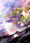  1girl card character_name clear_echoes ghost_tail green_hair hat highres long_hair mima skirt smile solo staff touhou 