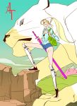  1girl adventure_time animal backpack bag bandana blonde_hair blue_eyes breasts cake_(adventure_time) cleavage fionna genderswap greaves hands_on_hilt knee_pads kyu-bum_lee long_hair open_clothes open_shirt ponytail rock scabbard sheath shoes shorts signature sneakers sword unsheathing weapon 