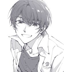  1boy :d commentary_request dog_tags grin jacket koeda_(k83_4) looking_at_viewer male_focus marius_von_hagen_(tears_of_themis) monochrome shirt short_hair simple_background smile solo tears_of_themis teeth upper_body white_background white_jacket 