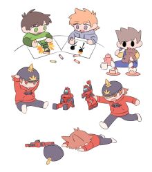  4boys adjusting_clothes adjusting_headwear aged_down animification antenna_hair black_pants blue_overalls brown_hair cake cake_slice child combat_helmet crayon cup drawing_(action) drawstring edd_(eddsworld) eddsworld faceplant food green_eyes green_shirt grey_hoodie hair_ears helmet highres holding holding_stuffed_toy hollow_eyes hood hood_down hoodie layered_sleeves long_sleeves male_focus matt_(eddsworld) mjsc_10 mug multiple_boys multiple_views official_alternate_costume open_mouth orange_hair overalls pants pickelhaube red_eyes red_hoodie running shirt short_hair short_over_long_sleeves short_sleeves simple_background sitting spiky_hair stuffed_animal stuffed_toy swept_bangs teapot teddy_bear tom_(eddsworld) tomee_bear_(eddsworld) tord_(eddsworld) toy_robot violet_eyes white_background 