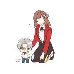  1boy 1girl black_skirt blue_pants bow commentary_request earrings full_body hair_bow highres jacket jewelry koeda_(k83_4) long_hair mole mole_under_eye pants red_jacket rosa_(tears_of_themis) semi-rimless_eyewear shirt short_hair simple_background skirt sweater tears_of_themis vyn_richter_(tears_of_themis) white_background white_bow white_hair white_shirt white_sweater yellow_eyes |_| 