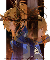  2girls absurdres arknights armor artist_name artoria_pendragon_(fate) blonde_hair commentary excalibur_(fate/stay_night) fate/stay_night fate_(series) green_eyes highres historical_name_connection multiple_girls name_connection ponytail saber_(fate) siege_(arknights) signature sword twitter_username upper_body vina_victoria_(arknights) wagaya43 watermark weapon yellow_eyes 