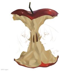  1boy 1girl apple apple_core appletrend artist_self-insert beanie choker double-parted_bangs dvrugxs food from_side fruit hair_between_eyes hat highres looking_at_another original portrait ronin_(killer_chat) short_hair smile superimposition 