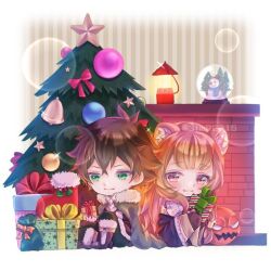 1boy 1girl 1other animal_ear_fluff animal_ears armor balloon_(tate_no_yuusha_no_nariagari) black_dress black_gloves black_hair blunt_bangs blush boots breastplate brown_boots brown_gloves brown_hair chibi chibi_only chimney christmas_ornaments christmas_present christmas_stocking christmas_tree cloak closed_mouth commentary_request commission dress fingerless_gloves full_body fur-trimmed_armor fur-trimmed_cloak fur-trimmed_gloves fur_trim gift glint gloves green_cloak green_eyes green_pants hair_between_eyes holding holding_gift iwatani_naofumi knee_boots lamp layered_dress long_hair looking_at_another looking_at_object messy_hair metal_arm_cuffs metal_hair_tubes metal_wrist_cuffs pants pink_eyes pinstripe_dress pinstripe_pattern raccoon_ears raccoon_girl raphtalia sack short_hair sitting skeb_commission smile snow_globe snowman straight_hair striped_clothes striped_dress tassets tate_no_yuusha_no_nariagari thigh_boots tm_(pixiv45602758) white_dress zettai_ryouiki 
