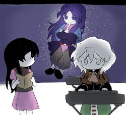  1other 2girls androgynous ascot baggy_pants bandaged_leg bandages bare_arms belt belt_buckle black_hair black_shirt black_shoes blue_capelet blue_coat book brown_ascot brown_capelet buckle capelet chinese_commentary clause_(len'en) closed_mouth coat collared_shirt collared_vest colored_skin commentary_request cowboy_shot crossed_arms dress faceless faceless_female flat_color floating green_skirt grey_pants grey_vest hair_between_eyes haru_(len'en) holding holding_book instrument keyboard_(instrument) len'en light_particles long_hair long_sidelocks long_skirt long_sleeves medium_dress medium_hair multiple_girls music pants parted_bangs pink_dress pink_shirt playing_instrument pleated_dress pleated_sleeves purple_hair reading red_belt shirt shitodo_hoojiro shoes short_sleeves sidelocks skirt smirk space straight_hair very_long_hair vest violet_eyes weihe_wuya_xiang_zhuo_tai white_ascot white_hair white_skin 