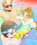  3boys black_hair brown_eyes brown_hair dangan_ronpa fujisaki_chihiro goggles grin innertube ishimaru_kiyotaka multiple_boys oowada_mondo red_eyes short_hair smile sunglasses towel trap umbrella water_gun 