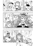  4girls admiral_(kantai_collection) bare_shoulders comic detached_sleeves hairband haruna_(kantai_collection) hat herada_mitsuru highres japanese_clothes kantai_collection kongou_(kantai_collection) long_hair monochrome multiple_girls naval_uniform open_mouth personification skirt wide_sleeves 