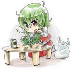  /\/\/\ 1girl bag beer_can controller green_hair kazami_yuuka kujira_lorant long_sleeves looking_down no_shoes open_mouth pea_pod plaid plaid_skirt plaid_vest red_eyes remote_control seiza shadow shopping_bag short_hair simple_background sitting skirt solo table tearing touhou white_background 